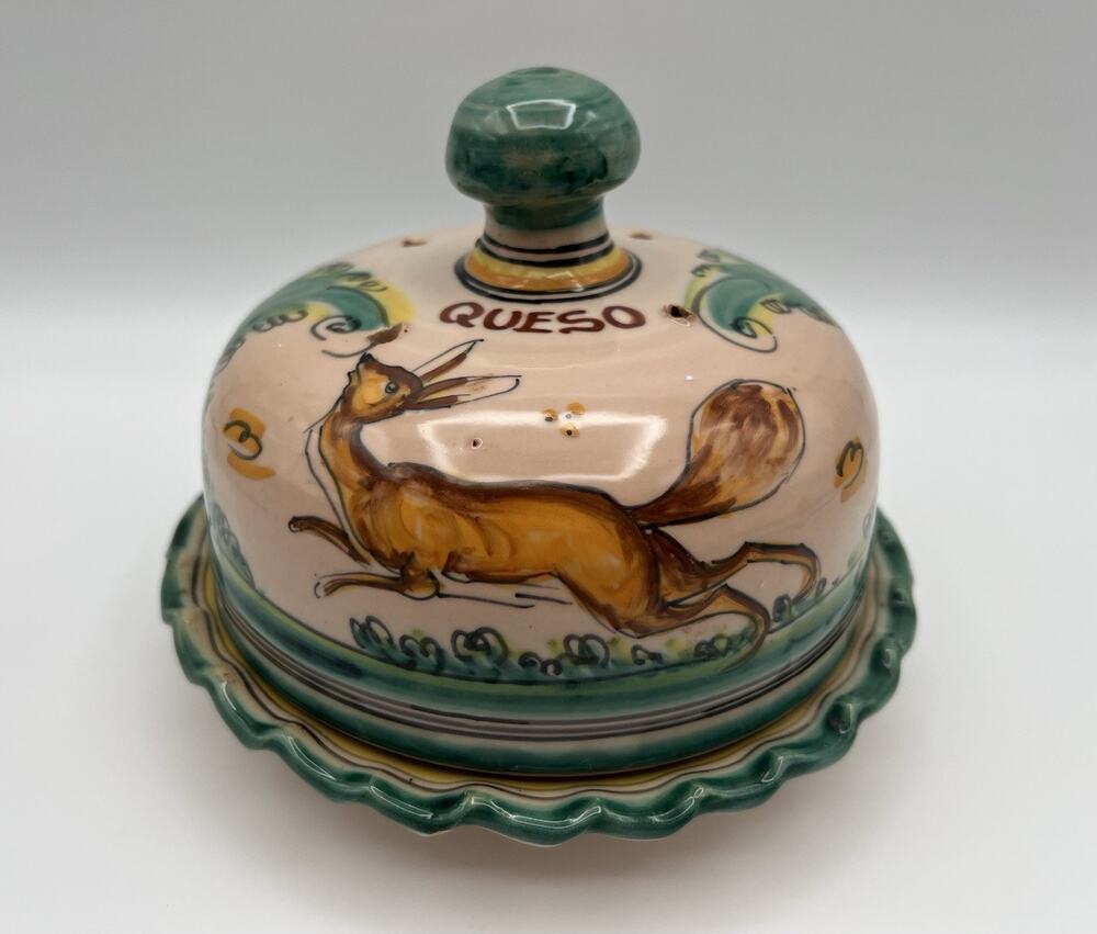 Spanish Art Pottery Covered Lidded Queso Cheese Plate 7” Hand Painted Fox Spain